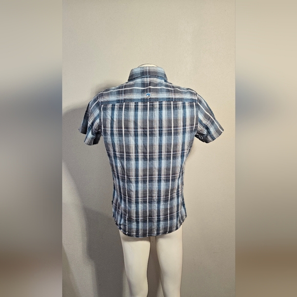 Kuhl Button Up Shirt Blue Plaid Linen Tapered Fit Pockets Outdoor Hiking - Picture 3 of 7